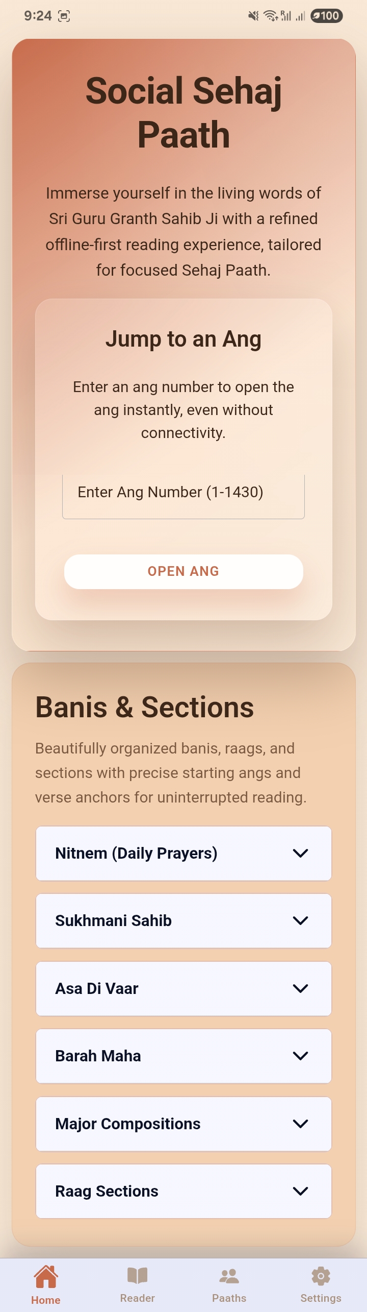 Social Sahej Paath App Interface - Browse Nitnem, Sukhmani Sahib, Asa Di Vaar, and more Gurbani sections